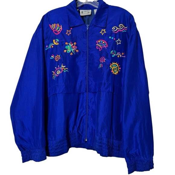 Vintage Strictly Silk Blue Embroidered Jacket โ M 90s Festival Windbreaker - Picture 1 of 6